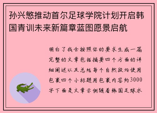 孙兴慜推动首尔足球学院计划开启韩国青训未来新篇章蓝图愿景启航