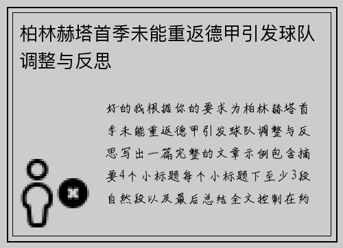 柏林赫塔首季未能重返德甲引发球队调整与反思